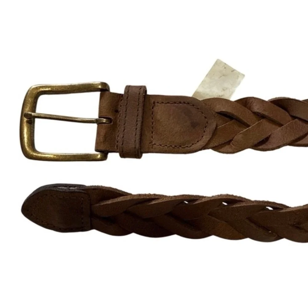 Braided Genuine Leather Belt Unisex 34 Brown Brass Western Boho Woven Vintage
